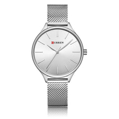 Silver watch with a mesh band on a white background